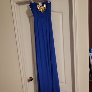 bebe Royal Blue Strapless Gown with Gold Detail